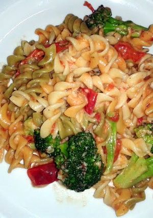 A picture of Pasta in tomato mascarpone cheese sauce..