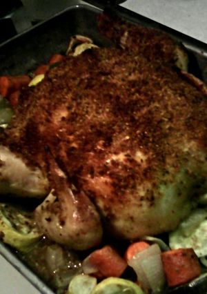 A picture of Roasted Chicken with Pistachio Crust & Veggies.