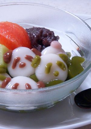 A picture of An-mitsu with Panda Shiratama Mochi Dumplings.