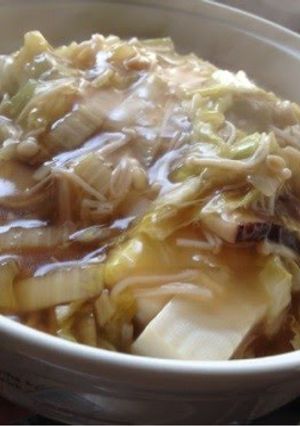 A picture of Tofu with Enoki Mushrooms and Chinese Cabbage Ankake Sauce.