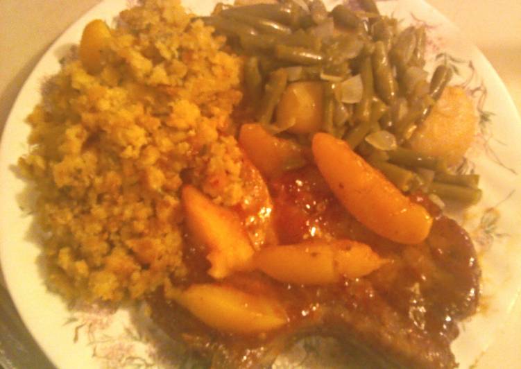 Simple Way to Prepare Super Quick Homemade Peach Glazed Pork Chops with Cornbread Stuffing