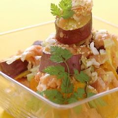 A picture of Kabocha Squash and Japanese Sweet Potato with Mentaiko Sauce.
