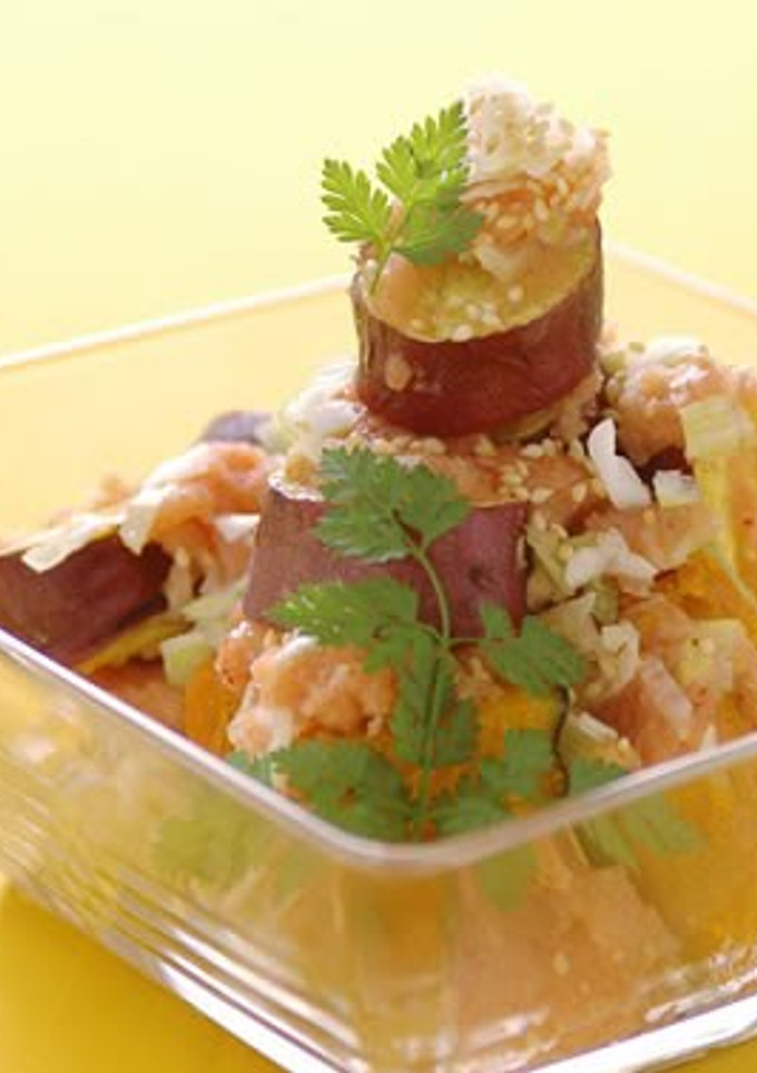 A picture of Kabocha Squash and Japanese Sweet Potato with Mentaiko Sauce.