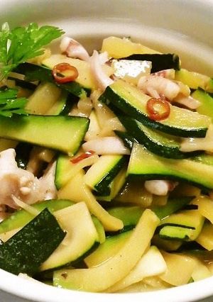 A picture of Sauteed Squid and Zucchini with Anchovies.