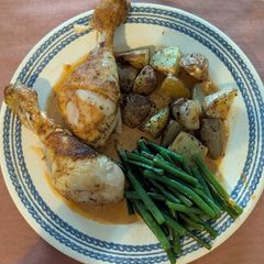 A picture of Chicken with Basque Style Sweet Paprika Sauce, Haricots Verts and Potatoes.
