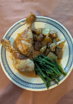 A picture of Chicken with Basque Style Sweet Paprika Sauce, Haricots Verts and Potatoes.