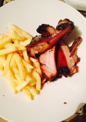 A picture of Barbecue Pork ribs in the oven.