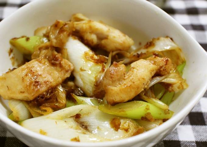 Simple Way to Prepare Favorite Japanese Leek, Chicken Thigh, and Bonito Flake Stir-Fry