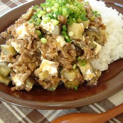 A picture of Eggplants With Cream Cheese, and Sweet and Spicy Ground Meat with Miso Over Rice.