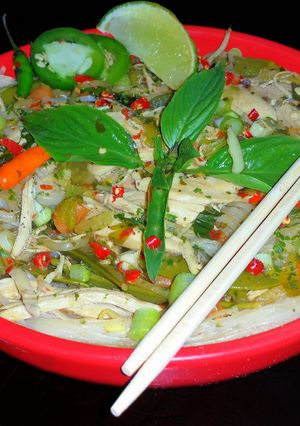 A picture of Mike's Spicy Thai Chicken Rice Noodle Soup.