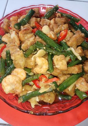 Foto resep Tumis udang, kacang panjang campur tempe