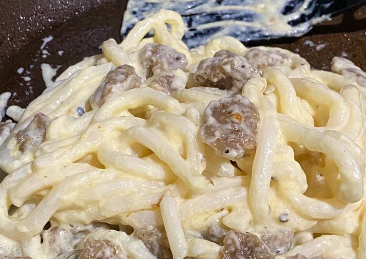 Udon Carbonara with Meatball Topping