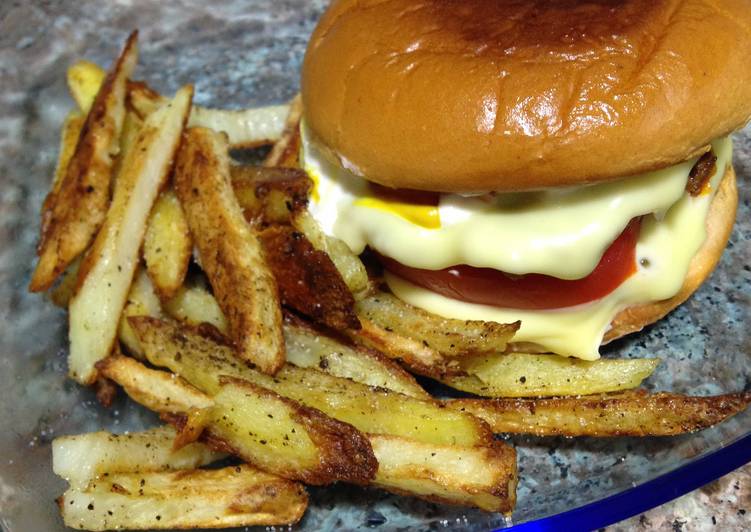 Steps to Make Ultimate Extra Cheese Burger And Home Made Fries