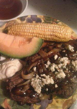 A picture of Brad's grilled rib eye steak.