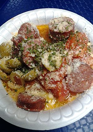 A picture of Sausage salad, fried.