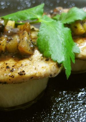 A picture of Simmered Daikon Radish and Grilled Kiwi-Marinated Pork.