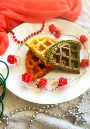A picture of Spinach and bell pepper waffle.