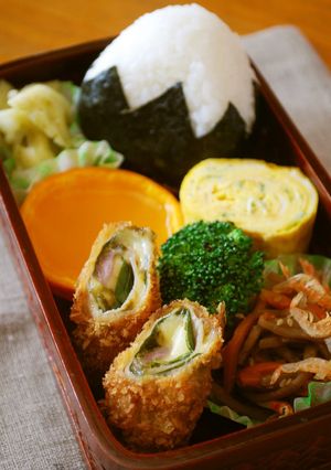 A picture of Mt Fuji Bento--Pork with Wasabi Deep-Fried Wraps.