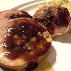 A picture of Barbecue Spiral Stuffed Pork Loin with bratwurst, apples & walnuts.