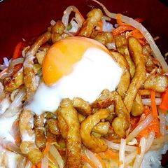 A picture of Bibimbap-Style Sweet and Salty Pork and Bean Sprout Namul On Rice.