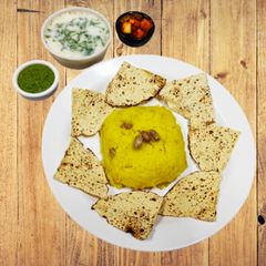 A picture of Peanut dal khichdi with garlic buttermilk.