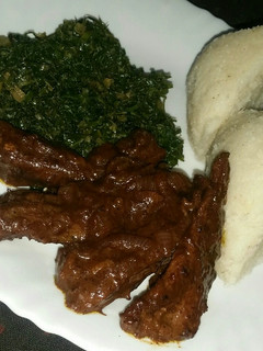 A picture of Creamy Black Pepper Steak With Ugali n Greens. #AuthorMarathon.