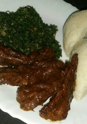 A picture of Creamy Black Pepper Steak With Ugali n Greens. #AuthorMarathon.