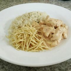 A picture of Chicken Stroganoff w/ White Rice.