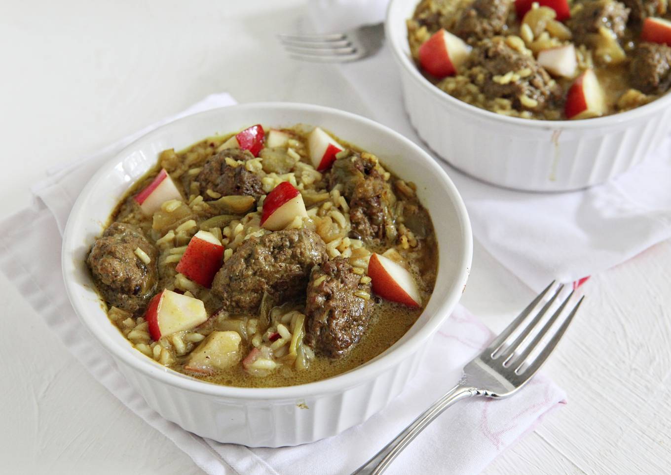 Curried Guinea Meatballs with Escarole and Basmati Rice