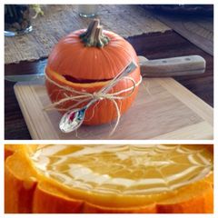 A picture of Pumpkin Sweet Potato Soup With Saffron Infused Cream.