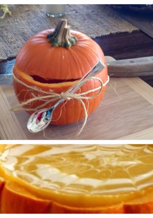 A picture of Pumpkin Sweet Potato Soup With Saffron Infused Cream.