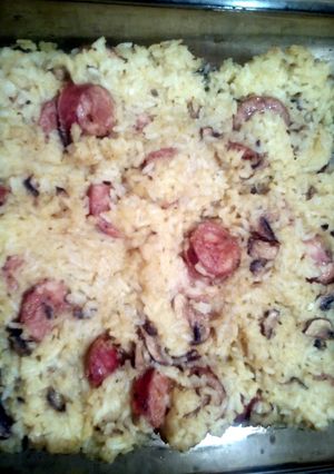 A picture of Portobello mushroom and sausage bake.