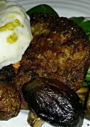 A picture of Sig's Puy lentil and Porcini mushroom burger..