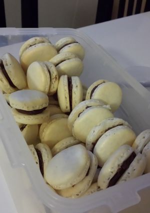 A picture of French Macarons w/ Brigadeiro Filling.