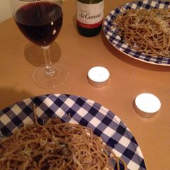 A picture of Pasta with sardines and pine nuts.