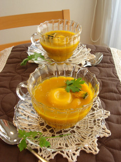 A picture of Kabocha Squash Soup with Dumplings for the Winter Solstice.