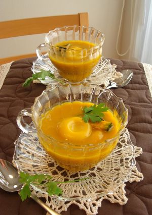 A picture of Kabocha Squash Soup with Dumplings for the Winter Solstice.