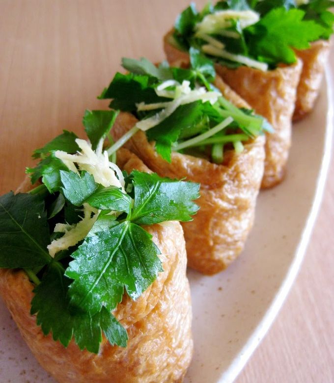 A picture of Inari Sushi with Minced Meat and Bamboo Shoots.