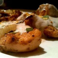 A picture of Marinated chicken with white cheesy sauce..