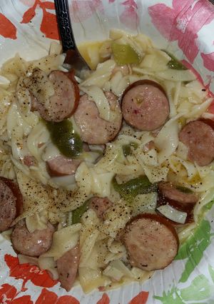 A picture of Kielbasa Sausage & Noodles.