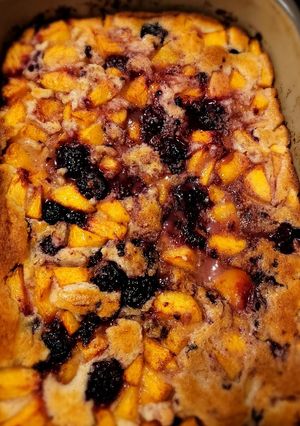 A picture of Peach and Blackberry Cobbler.
