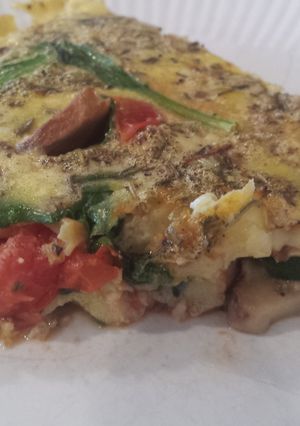 A picture of Tomato, spinach, and mushroom frittata.