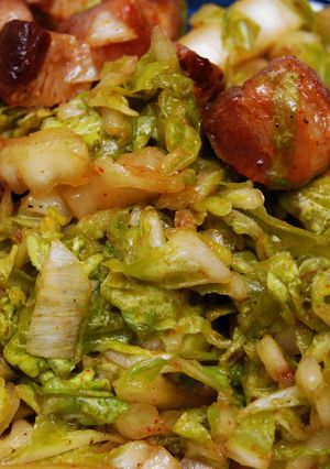 A picture of Wilted Napa Cabbage w/Bacon Lardons.