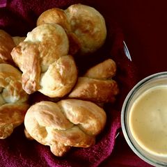 A picture of Soft Pretzels and Spicy Cheese Sauce.