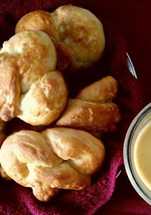 A picture of Soft Pretzels and Spicy Cheese Sauce.