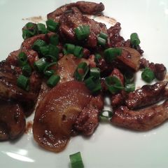 A picture of Pork, apple, beer.