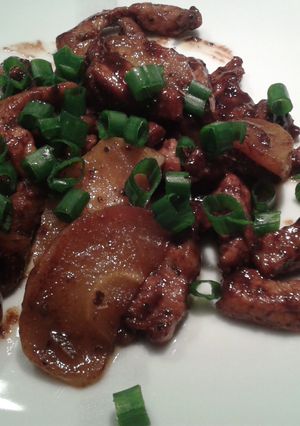 A picture of Pork, apple, beer.