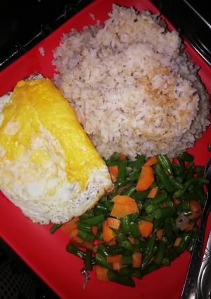A picture of Brown rice, mishiri and an egg #jikonichallenge.
