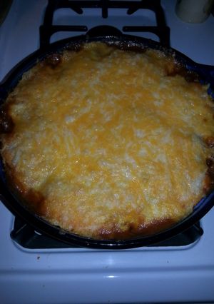 A picture of Chili Cheese Corn Dog Casserole.