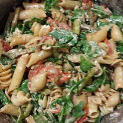 A picture of Roasted Asparagus and Cherry Tomato Penne Pasta with Goat Cheese.
